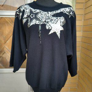 Vintage 80's womens sweater black silver beaded star disco rhinestone M/L